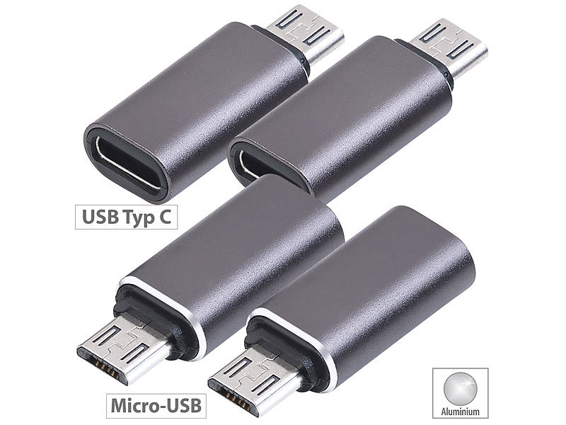Hover ejer arbejde PEARL Typ-C-Adapter: 4er-Set Adapter Micro-USB-Stecker auf USB-C-Buchse,  Aluminiumgehäuse (Aufladung USB-Gerät USB-Anschluss)