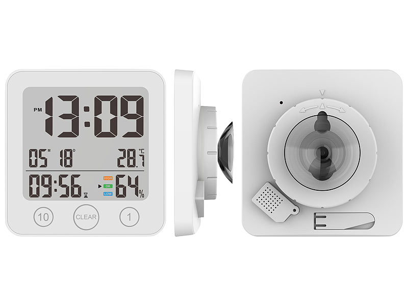 infactory Badezimmeruhr Digital: Digital-Badezimmer-Uhr,  Thermo-/Hygrometer, LCD, Saugnapf, Timer, IP54 (Baduhr Digital)