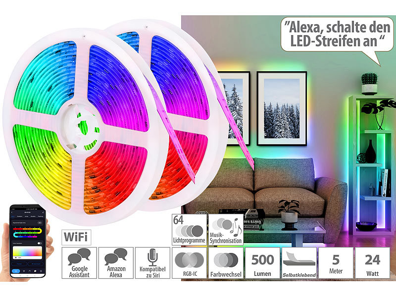 Luminea Home Control WLAN RGBIC LED Streifen: 2er-Set WLAN-RGBIC-LED-Lichtstreifen,  App, Sprach- & Soundsteuerung,5m (Alexa RGBIC LED Strip)