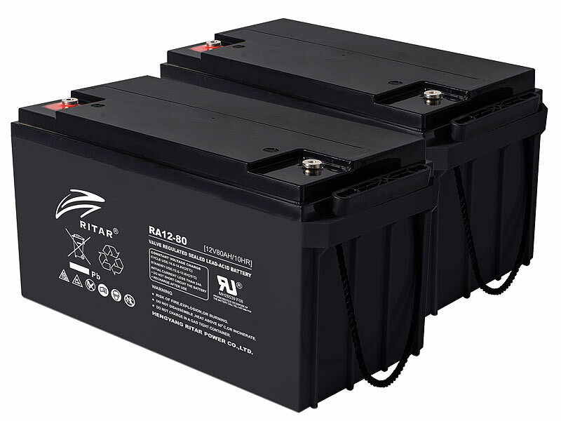 revolt 12V-Akku klein: 2er-Set wartungsfreie Blei-Batterie, 12 V, 80 Ah,  M6-Anschluss, für PV (Solar-Blei-Akkus)