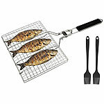 Rosenstein & Söhne Faltbarer Edelstahl-Fischbräter, Grillkorb für Fisch und Gemüse Rosenstein & Söhne Edelstahl-Fischbräter mit Silikon-Pinsel 