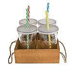 Gl�ser-Set mit Kunststoff-Deckeln und Trinkhalmen im Holz-Aufsteller Trinkgl�ser