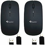 GeneralKeys 2er-Set Flache Akku-Mini-Maus mit Bluetooth 5.2 & 2,4 GHz, schwarz GeneralKeys Geräuscharme Mini-Mäuse mit Bluetooth und USB-Empfänger