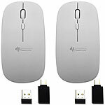 GeneralKeys 2er-Set Flache Akku-Mini-Maus mit Bluetooth 5.2 & 2,4 GHz, weiß GeneralKeys Geräuscharme Mini-Mäuse mit Bluetooth und USB-Empfänger