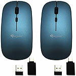 GeneralKeys 2er-Set Flache Akku-Mini-Maus mit Bluetooth 5.2 & 2,4 GHz, graublau GeneralKeys Geräuscharme Mini-Mäuse mit Bluetooth und USB-Empfänger