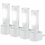 Lunartec 4er-Set 4in1-Nacht- & Hand-Leuchte, Akku, Dämmerungs-& Bewegungssensor Lunartec Steckdosen-LED-Nachtlichter mit Bewegungsmelder & Akku 