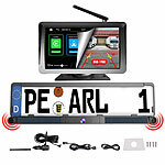 Lescars Kabelloses Solar-Funk-Rückfahrkamera-Set, CarPlay-/Android-Auto-komp. Lescars Solar-Funk-Rückfahrkameras, Abstandswarner, Monitor, CarPlay- & Android-Auto-kompatibel, Bluetooth 