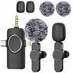 Callstel 2er-Set Ansteck-Funk-Mikrofone, Akku, für USB-C, 8-PIN, 3,5-mm-Klinke Callstel 2,4-GHz-Funkmikrofon-Sets mit Empfänger für USB-C-Anschluss