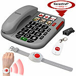 simvalley communications Senioren-Notruf-Telefon, Funk-SOS-Taster, SOS-Armband, TAE-Adapter simvalley communications Senioren-Notruf-Festnetztelefone mit Notruf-Taster und Freisprech-Funktion
