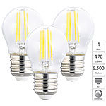 Luminea LED-Filament-Lampen im 3er-Set, G45, E27, 470 lm, 4 W, 6500 K, dimmbar Luminea LED-Filament-Tropfen E27 (tageslichtweiß)