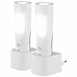 Lunartec 2er-Set Nacht- & Hand-Leuchten mit Akku, Dämmerungs- & Bewegungssensor Lunartec Steckdosen-LED-Nachtlichter mit Bewegungsmelder & Akku