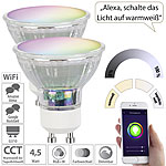 Luminea Home Control 2er-Set WLAN-RGB/CCT-Glas-Lampen, GU10, für Siri, Alexa & GA, 4,5 W Luminea Home Control WLAN-LED-Lampen GU10 RGBW