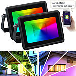 Luminea Home Control 2er-Set WLAN-RGB-CCT-Fluter, 1.500 lm, 20 W, IP65, mit Sprachsteuerung Luminea Home Control Wetterfeste WLAN-Fluter mit RGB-CCT-LEDs, App-Steuerung