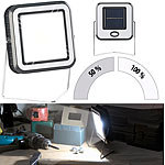Lunartec Solar-COB-LED-Arbeitsleuchte im Baustrahler-Design,  2er-Set Lunartec Solar-LED-Tischlampen mit Akku