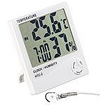 PEARL Digitales Thermometer & Hygrometer mit Außensensor, Uhr und Wecker PEARL