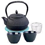Rosenstein & Söhne Asiatische Teekanne, Untersetzer und 2 Becher, Gusseisen, schwarz/blau Rosenstein & Söhne Tee-Service aus Gusseisen