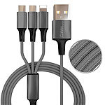 Callstel 3in1-Schnellladekabel: Micro-USB, USB Typ C & Lightning, Textil, 60 cm Callstel 3in1-USB-Octopus-Kabel: Lightning, Micro-USB, USB Type C