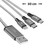 Callstel 3er-Set 3in1-Schnellladekabel: Micro-USB, USB-C & Lightning, Textil Callstel 3in1-USB-Octopus-Kabel: Lightning, Micro-USB, USB Type C