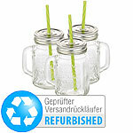 PEARL 3er-Set Retro-Trinkgläser mit Henkel, Versandrückläufer PEARL Trinkgläser mit Deckeln und Trinkhalmen