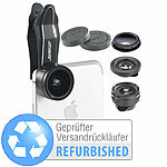 Somikon 4in1-Vorsatzlinsen-Set mit Weitwinkel, Fischauge, Versandrückläufer Somikon Vorsatz-Linsen und Pol-Filter für Smartphones