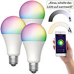 Luminea Home Control 3er-Set WLAN-LED-Lampen für Alexa & Google Assist, E27, RGB, CCT, 9 W Luminea Home Control WLAN-LED-Lampen E27 RGBW