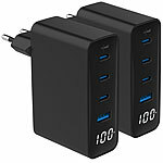 revolt 2er-Set 4-Port-USB-Netzteile, Display, 3x USB-C PD 100W, USB-A QC 30W revolt USB-Wandnetzteile mit USB-A und USB-C, PD und QC