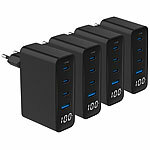 revolt 4er-Set 4-Port-USB-Netzteile, Display, 3x USB-C PD 100W, USB-A QC 30W revolt 