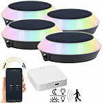 Lunartec 4er-Set Solar-Outdoor-Leuchten, RGB-CCT-LEDs, PIR, WLAN-Gateway, App Lunartec
