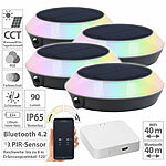 Lunartec 4er-Set Solar-Outdoor-Leuchten, RGB-CCT-LEDs, PIR, WLAN-Gateway, App Lunartec