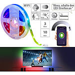 Luminea Home Control WLAN-RGB-LED-Streifen mit App- und Sprachsteuerung, USB, 3 m Luminea Home Control USB-WLAN-LED-Streifen-Set in RGB mit Sprach- & Soundsteuerung
