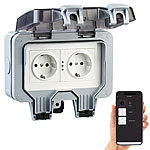 Luminea Home Control Outdoor-WLAN-Aufputz-Doppelsteckdose, Sprachbefehl, Strommessung, App Luminea Home Control Outdoor-WLAN-Aufputzsteckdosen mit Stromverbrauchs-Messfunktion