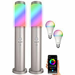 Lunartec 2er-Set Standleuchte mit Bewegungssensor, IP44, inkl. WLAN-LED-Lampe Lunartec Spritzwassergeschützte Außen-Standleuchten mit Bewegungssensor und WLAN-LED-Leuchtmittel