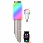 Lunartec Außen-Wandleuchte mit Bewegungssensor, IP44, inkl. WLAN-LED-Lampe Lunartec Außen-Wandlampen mit RGB-LED-Lampe, WLAN und App, Matter-kompatibel
