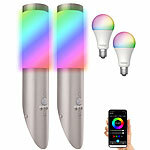 Lunartec 2er-Set Außen-Wandleuchte, Bewegungssensor, IP44, mit WLAN-LED-Lampe Lunartec Außen-Wandlampen mit RGB-LED-Lampe, WLAN und App, Matter-kompatibel