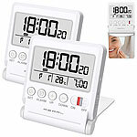 PEARL 2er-Set Kompakter Reise-Funkwecker mit Thermometer & Datum, klappbar PEARL Klappbare Reise-Funkwecker mit Thermometer und Datumsanzeige 