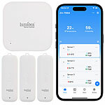 Luminea Home Control 3er-Set Temperatur- & Feuchtigkeitssensoren, WLAN-Gateway, App, IP65 Luminea Home Control Funk-Temperatur- & Luftfeuchtigkeitssensoren für innen und außen mit WLAN-Gateway und App 