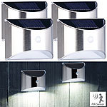Lunartec 4er-Set Solar-LED-Wandleuchte mit PIR-Sensor, Edelstahl, 20 lm, IP44 Lunartec