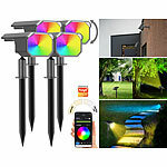 Luminea Home Control 4er-Set smarte Solar-Spots, RGB-CCT-LED, 100 lm, 2.200 mAh, 1 W, IP65 Luminea Home Control RGB-CCT-LED-Spots mit Solar-Panel und App