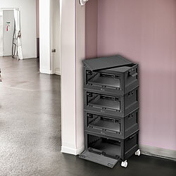 Xcase 4er-Set faltbare Aufbewahrungsboxen mit Deckel, 4 Rollen, 45l, schwarz Xcase Faltbare Aufbewahrungsboxen mit Deckel und seitlichen Klappen, transparent