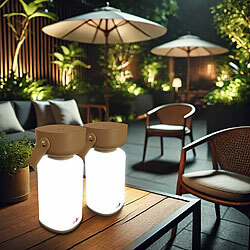 Lunartec 2er-Set Akku-Gartenlaterne, Kunstleder-Griff, 120 lm, IP44, braun Lunartec Dimmbare LED-Akku-Gartenlaternen mit Ledergriff, IP44