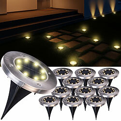 Lunartec 12er-Set Akku-Solar-Bodenleuchten, Edelstahlgehäuse, 8 LEDs, wamweiß Lunartec 