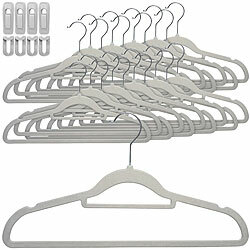 PEARL 30 rutschfeste Samt-Kleiderbügel, Clips, 4,5 kg Tragkraft, hellgrau PEARL Samt-Kleiderbügel mit Krawattenhalter, Verbindungshaken & Clips