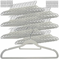 PEARL 120 rutschfeste Samt-Kleiderbügel, Clips, 4,5 kg Tragkraft, hellgrau PEARL Samt-Kleiderbügel mit Krawattenhalter, Verbindungshaken & Clips 