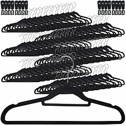 PEARL 120 rutschfeste Samt-Kleiderbügel, Clips, 4,5 kg Tragkraft, schwarz PEARL Samt-Kleiderbügel mit Krawattenhalter, Verbindungshaken & Clips