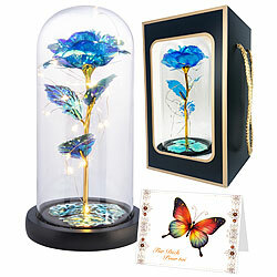 Lunartec Ewige Rose unter Glas, RGB-LED, kristall-blau, 21,5 cm, Geschenktasche Lunartec Ewige Rosen unter Glaskuppel mit LED-Licht in Geschenkverpackung