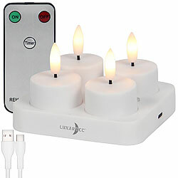 Lunartec 4er-Set LED-Akku-Teelichter mit USB-Ladestation, Fernbedienung, Timer Lunartec 