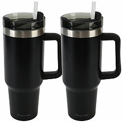 Rosenstein & Söhne 2er-Set Doppelwandiger Vakuum-Thermobecher, 1200ml, Strohhalm, schwarz Rosenstein & Söhne XXL-Thermobecher für Auto-Getränkehalter