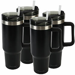 Rosenstein & Söhne 4er-Set doppelwandige Vakuum-Thermobecher, 1.200ml, Trinkhalm, schwarz Rosenstein & Söhne XXL-Thermobecher für Auto-Getränkehalter