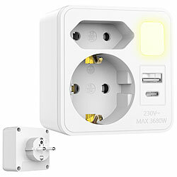 revolt 5in1-Mehrfach-Steckdosen-Adapter mit USB-C/A, Nachtlicht, 3.680 Watt revolt Mehrfach-Steckdosen-Adapter mit USB-Ports und Nachtlicht