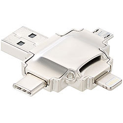 Callstel microSD-Kartenleser mit Lightning-, Micro-USB- & USB-Stecker Typ A & C Callstel 4in1-microSD-Kartenleser, Apple-zertifiziert